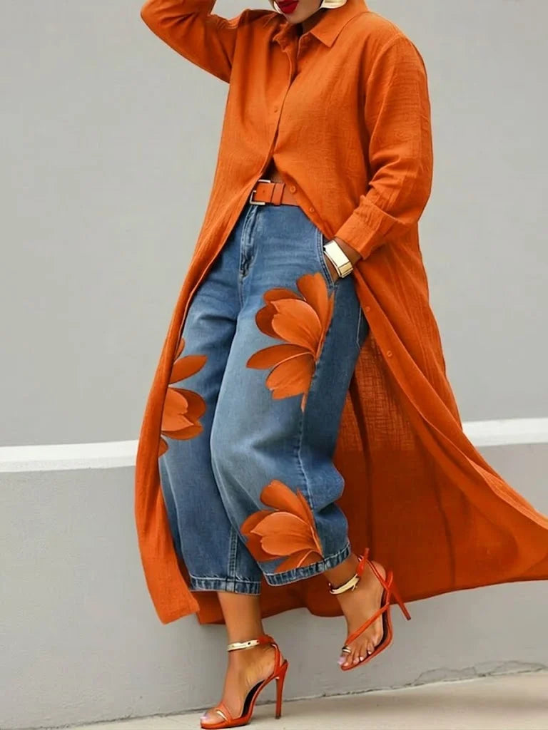 Maud - Linen Shirt Dress and Floral Jeans Set
