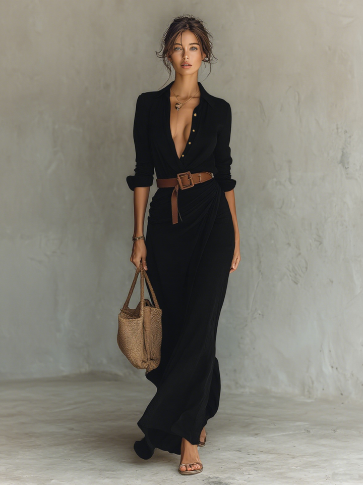 Maxi Long Dress with Notched Collar and Long Sleeves for Women