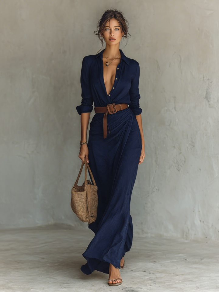 Maxi Long Dress with Notched Collar and Long Sleeves for Women