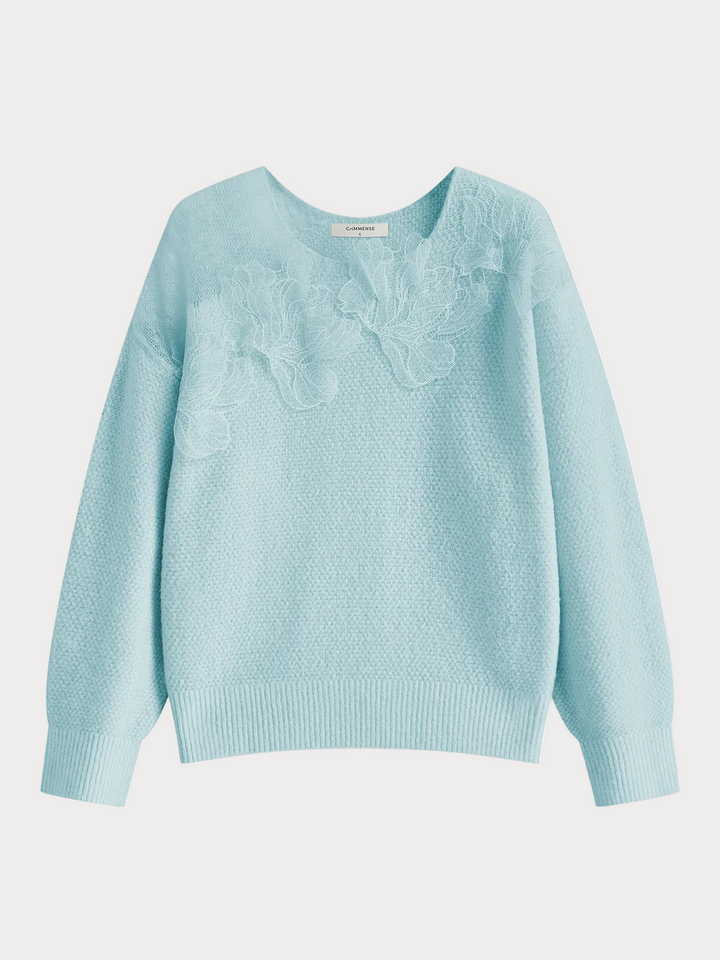 Basha | Floral lace semi-sheer sweater with a round neckline