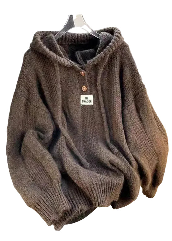 Women's Hooded Top Brown Cotton Knit Long Sleeve