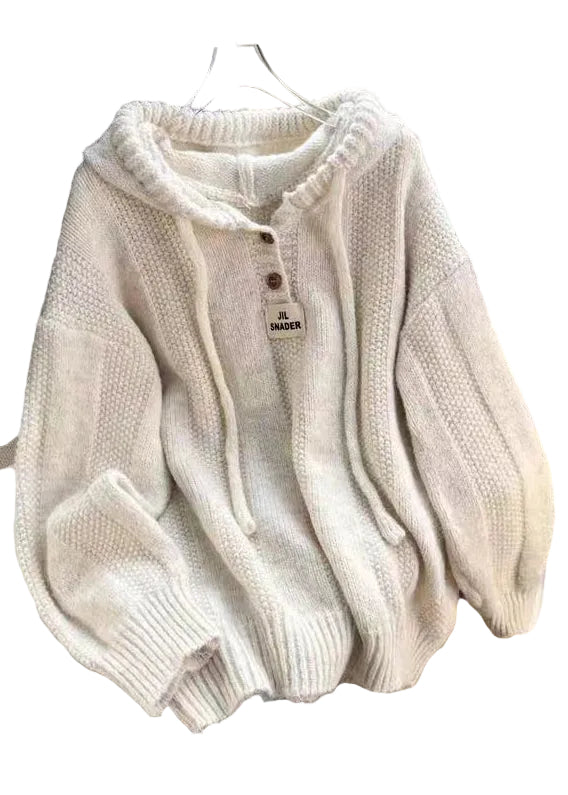 Women's Hooded Top Brown Cotton Knit Long Sleeve