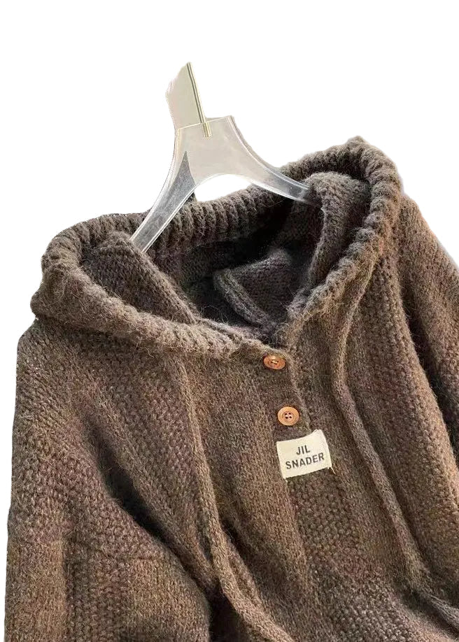 Women's Hooded Top Brown Cotton Knit Long Sleeve