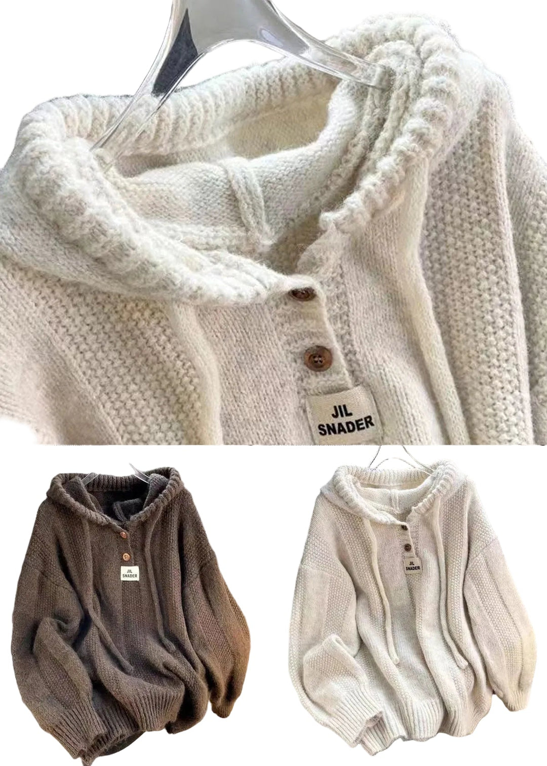 Women's Hooded Top Brown Cotton Knit Long Sleeve