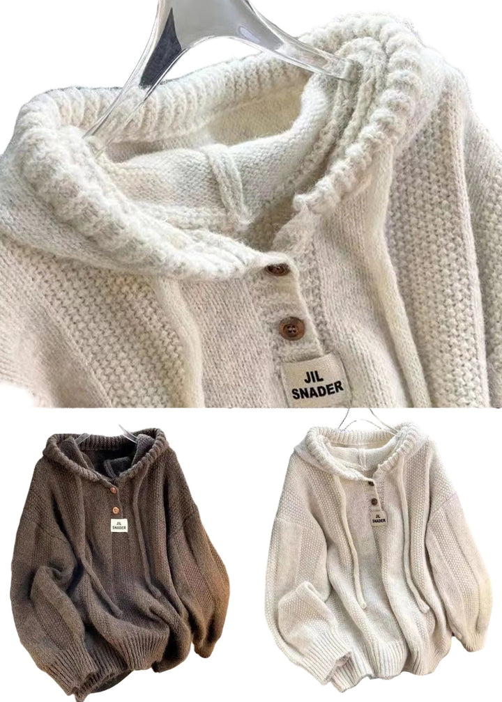 Women's Hooded Top Brown Cotton Knit Long Sleeve