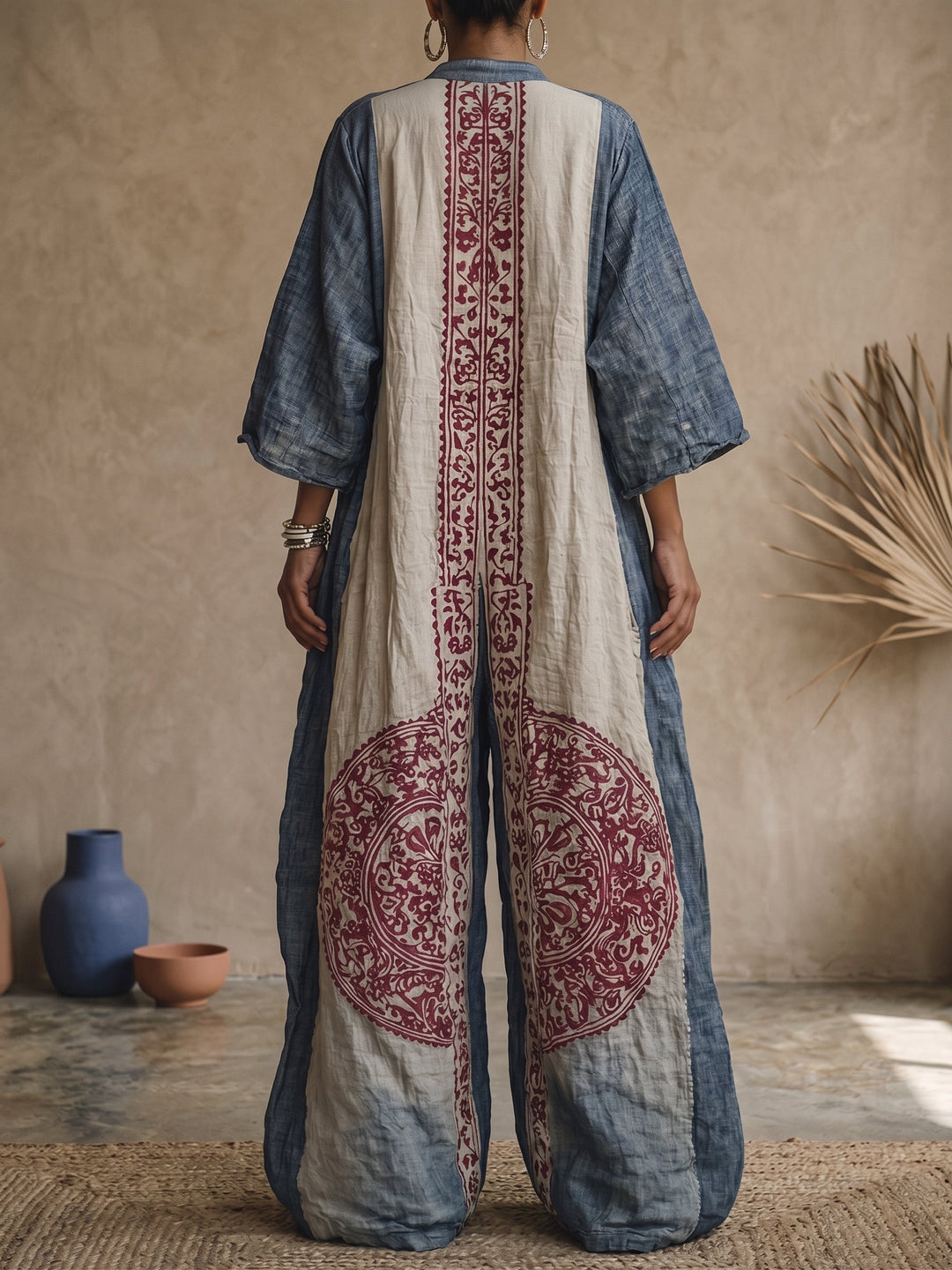 Women's Vintage Print V-neck 3/4-sleeve Jumpsuit