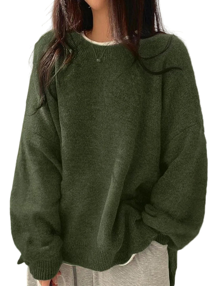 KIARA - Women's Drop Shoulder Split Hem Round Neck Sweater