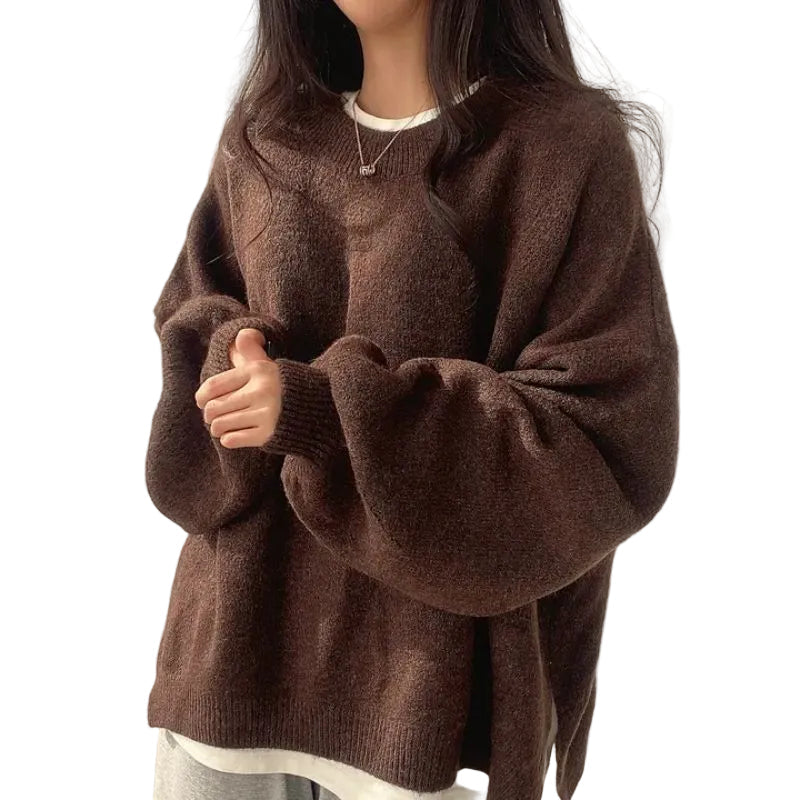 KIARA - Women's Drop Shoulder Split Hem Round Neck Sweater