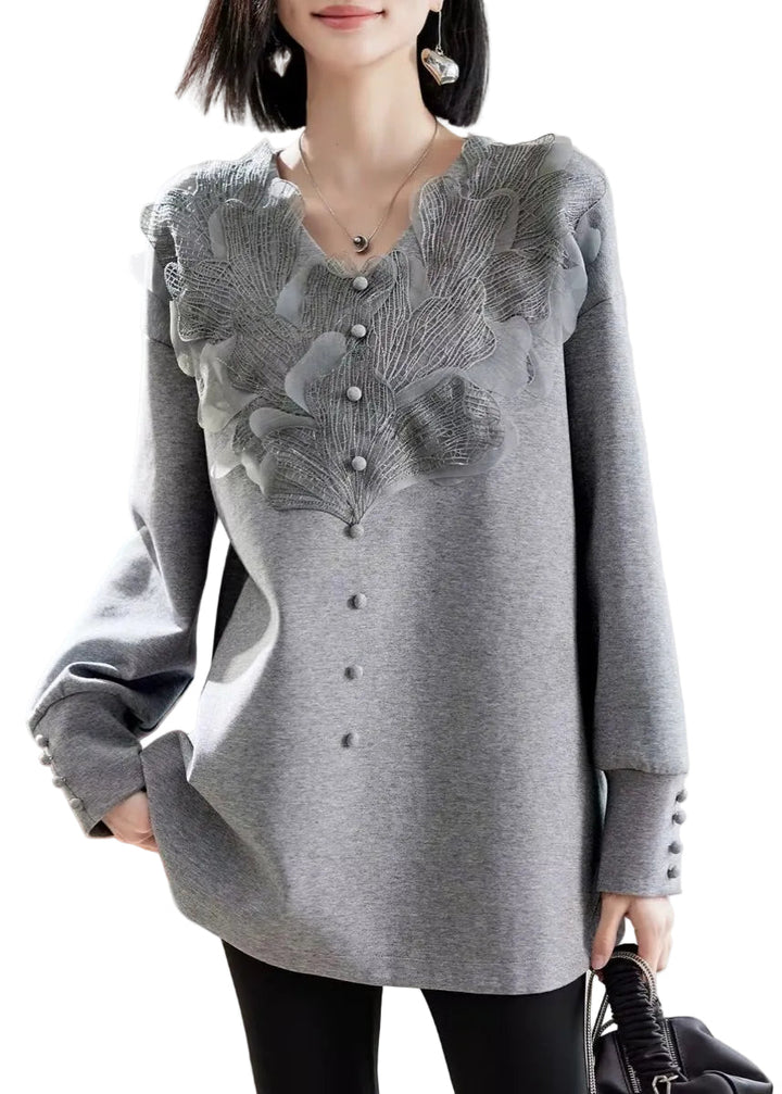 Vogue Grey V Neck Lace Patchwork Sweatshirts Spring