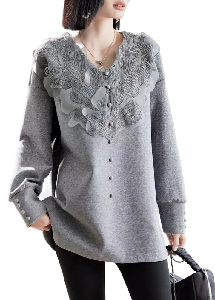 Vogue Grey V Neck Lace Patchwork Sweatshirts Spring