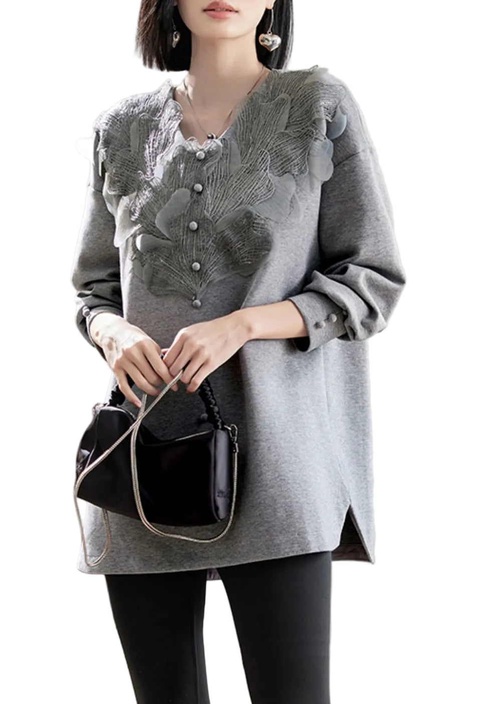 Vogue Grey V Neck Lace Patchwork Sweatshirts Spring