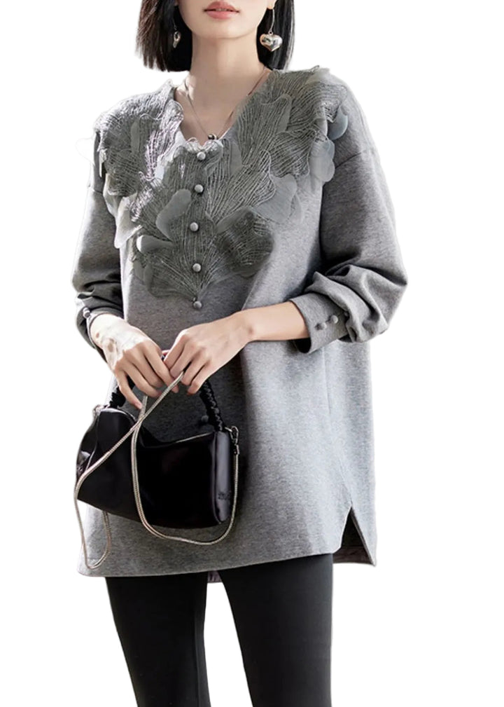 Vogue Grey V Neck Lace Patchwork Sweatshirts Spring