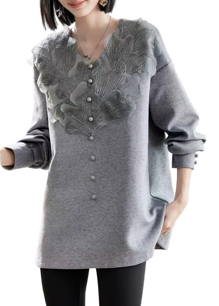 Vogue Grey V Neck Lace Patchwork Sweatshirts Spring