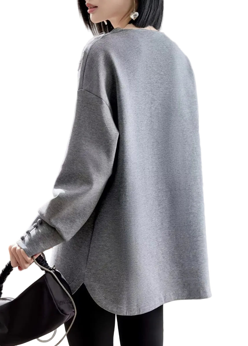 Vogue Grey V Neck Lace Patchwork Sweatshirts Spring