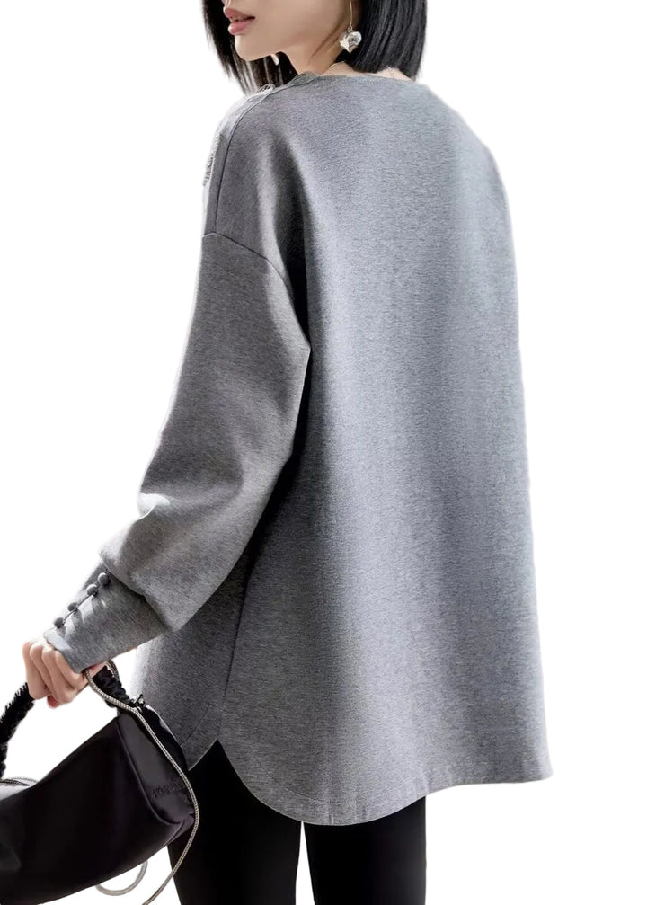 Vogue Grey V Neck Lace Patchwork Sweatshirts Spring