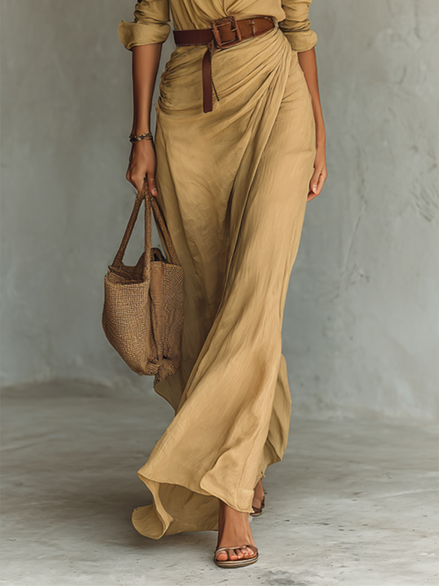 Maxi Long Dress with Notched Collar and Long Sleeves for Women