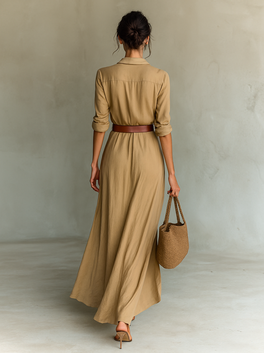 Maxi Long Dress with Notched Collar and Long Sleeves for Women