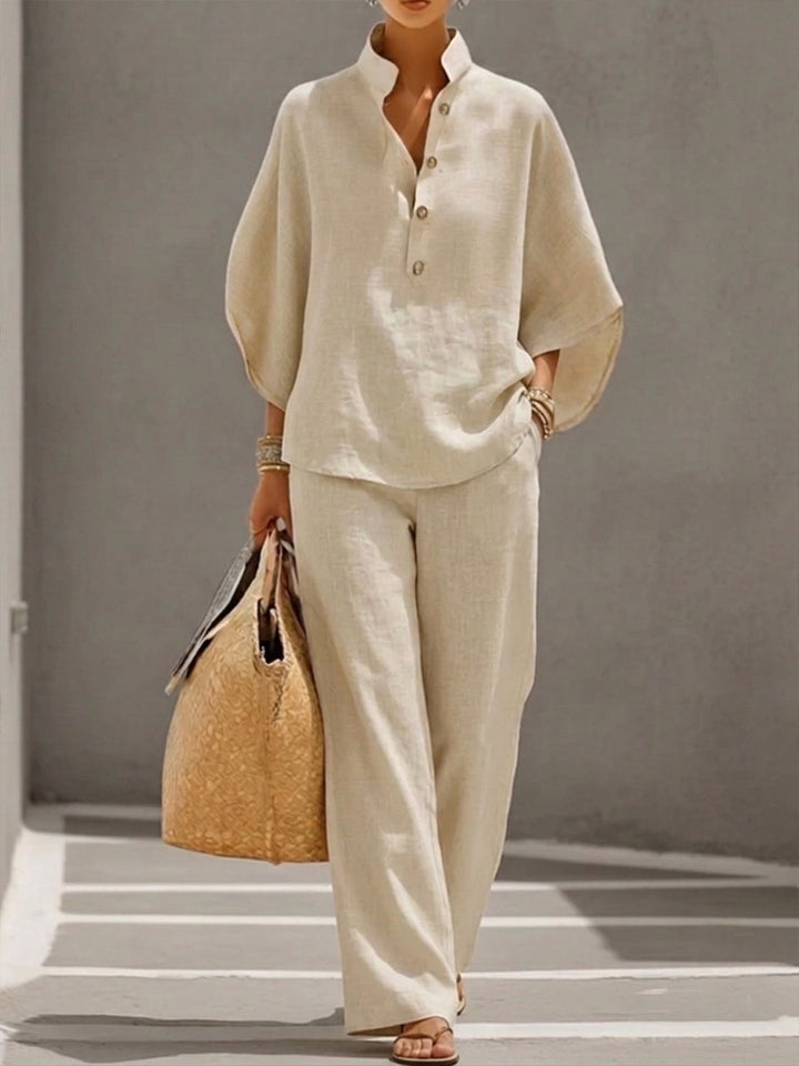 Lorena | Cotton Linen Set with Batwing Sleeves and Wide Leg Trousers