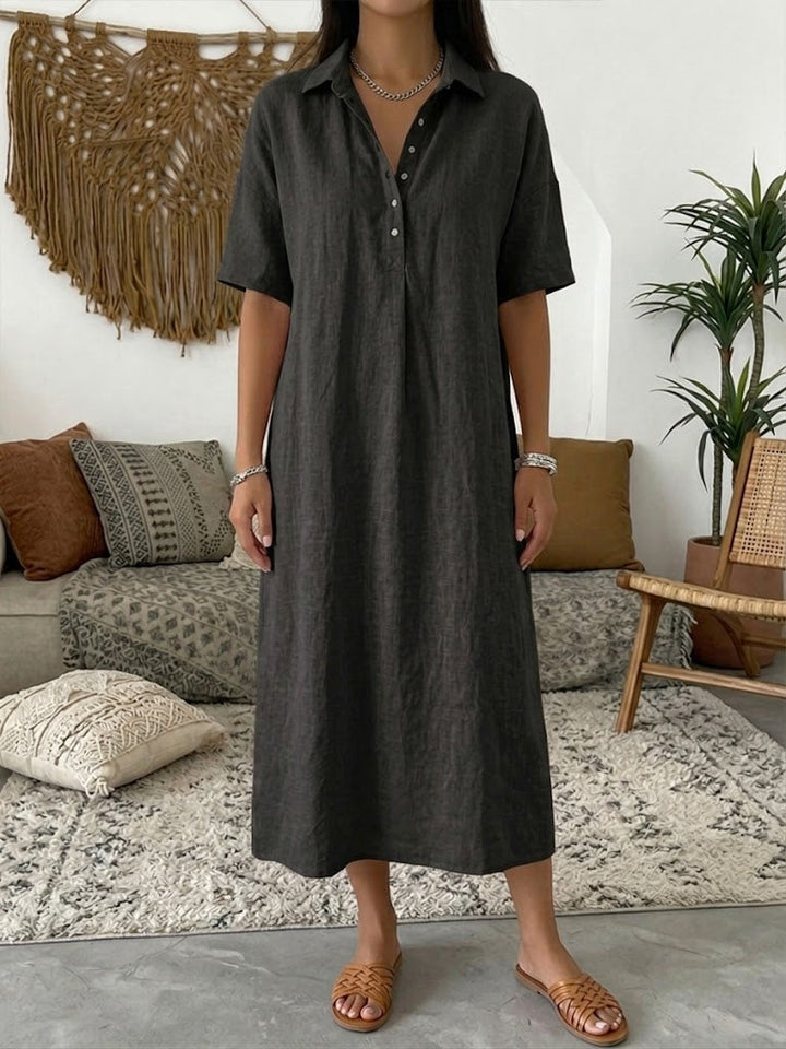 Relaxed Fit Cotton Linen Polo Dress Short Sleeve