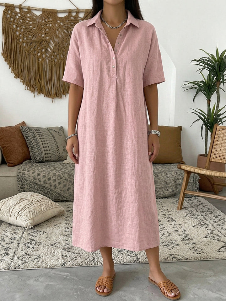 Relaxed Fit Cotton Linen Polo Dress Short Sleeve