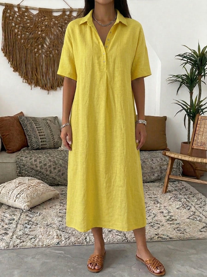 Relaxed Fit Cotton Linen Polo Dress Short Sleeve
