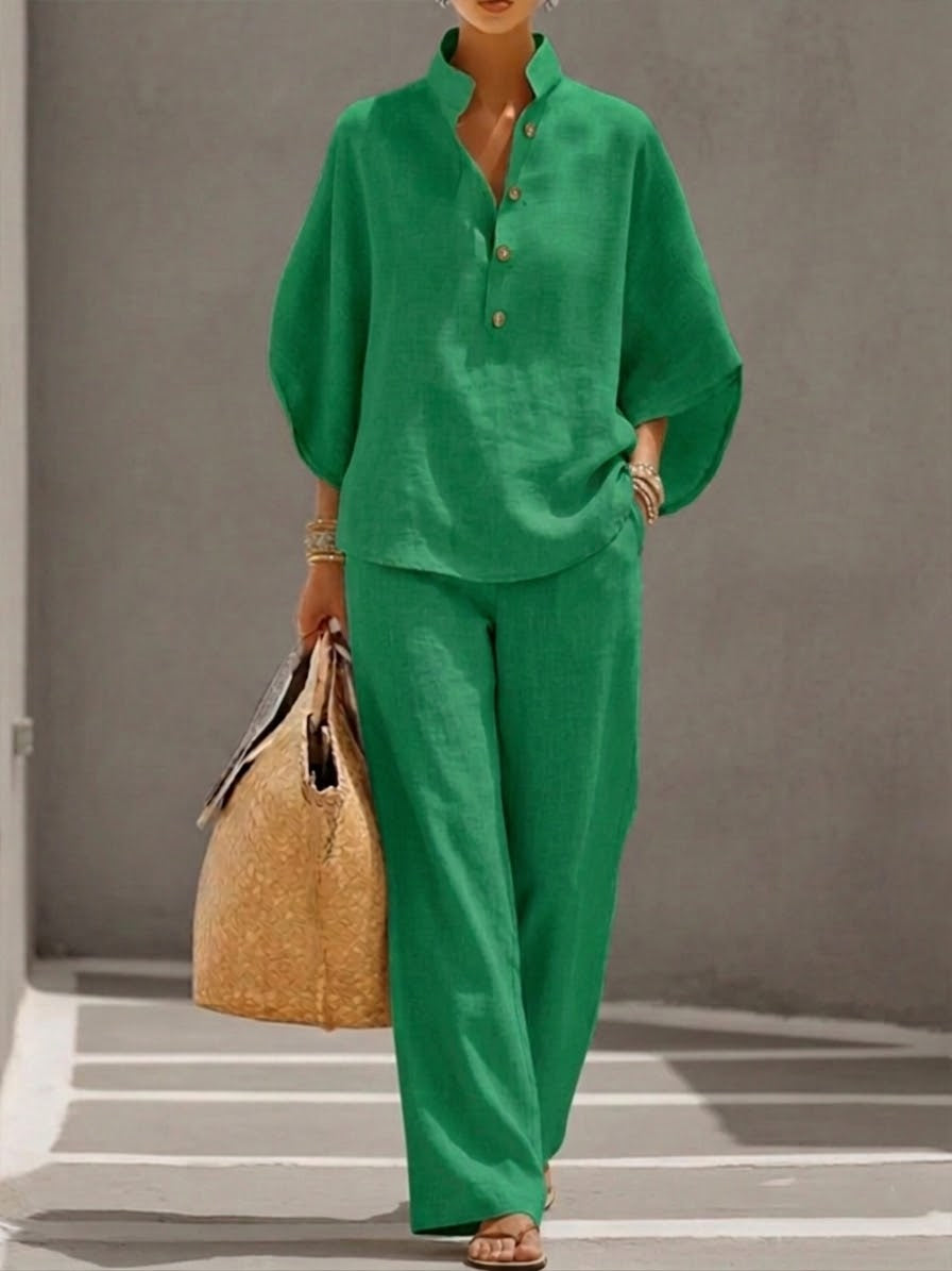 Lorena | Cotton Linen Set with Batwing Sleeves and Wide Leg Trousers