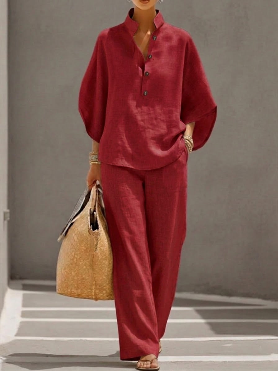 Lorena | Cotton Linen Set with Batwing Sleeves and Wide Leg Trousers