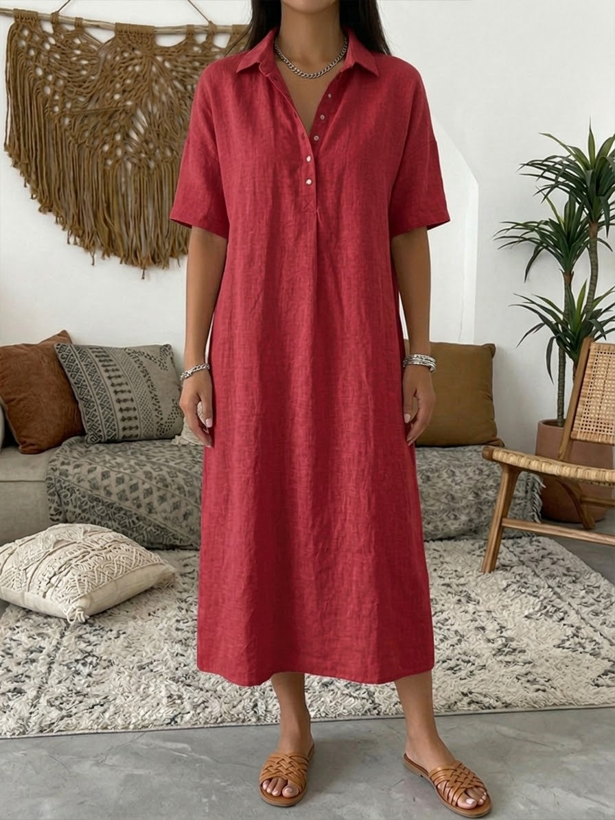 Relaxed Fit Cotton Linen Polo Dress Short Sleeve