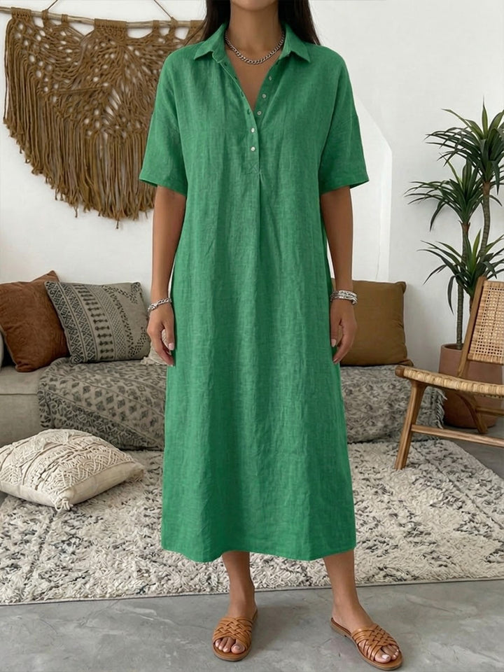 Relaxed Fit Cotton Linen Polo Dress Short Sleeve