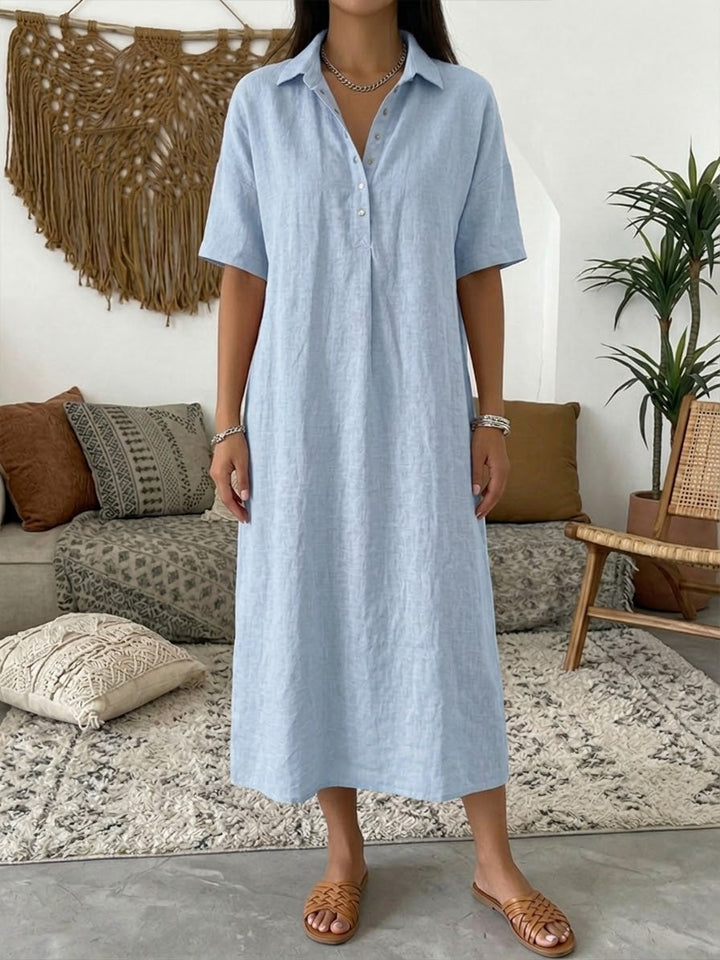 Relaxed Fit Cotton Linen Polo Dress Short Sleeve