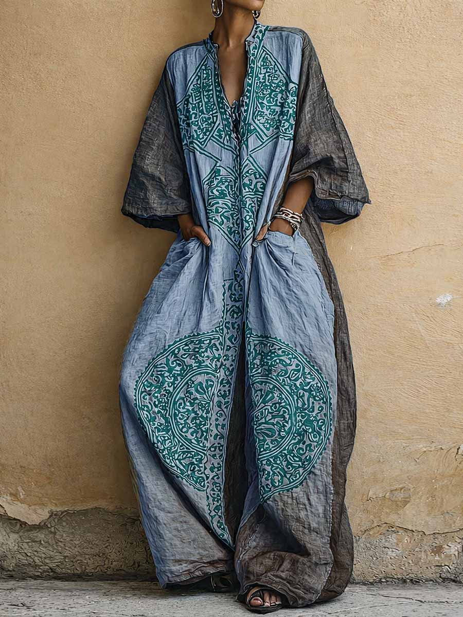 Women's Vintage Print V-neck 3/4-sleeve Jumpsuit