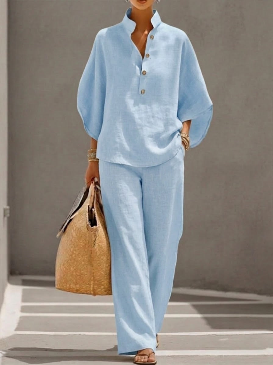 Lorena | Cotton Linen Set with Batwing Sleeves and Wide Leg Trousers