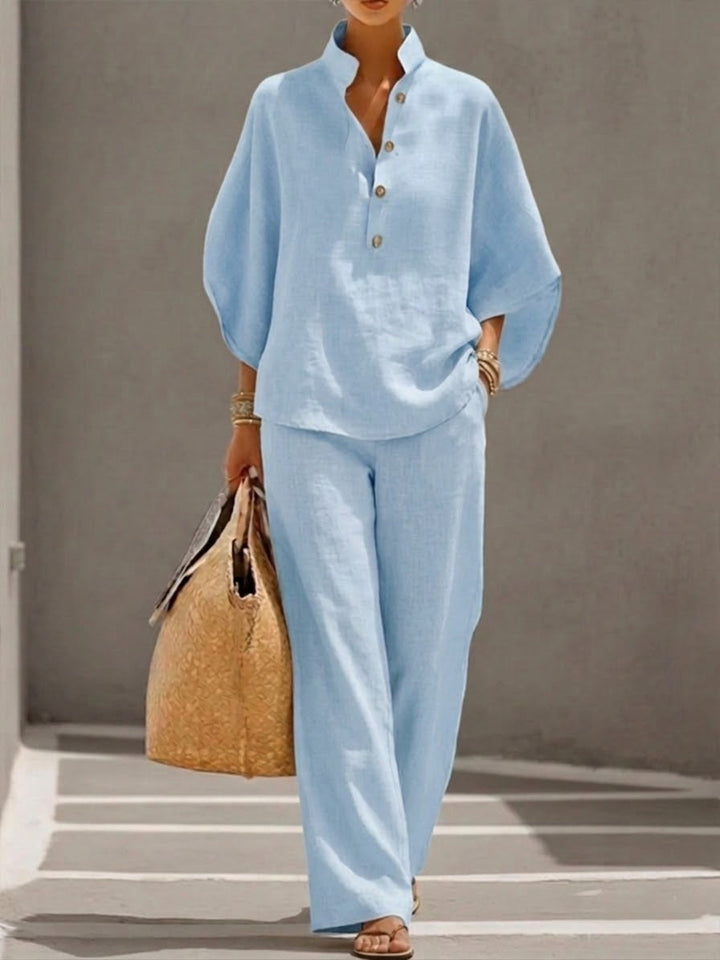 Lorena | Cotton Linen Set with Batwing Sleeves and Wide Leg Trousers