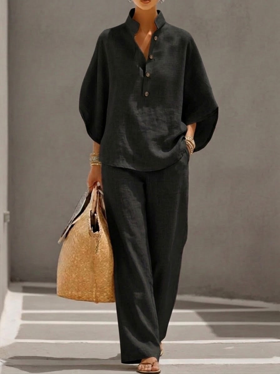 Lorena | Cotton Linen Set with Batwing Sleeves and Wide Leg Trousers