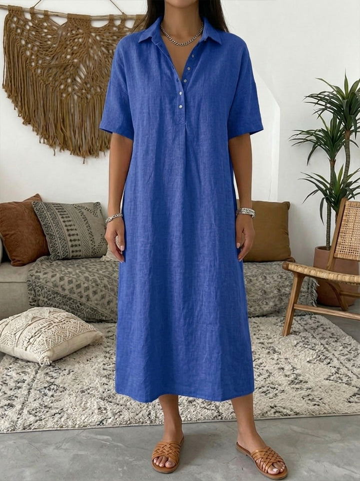 Relaxed Fit Cotton Linen Polo Dress Short Sleeve