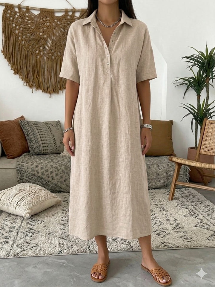 Relaxed Fit Cotton Linen Polo Dress Short Sleeve