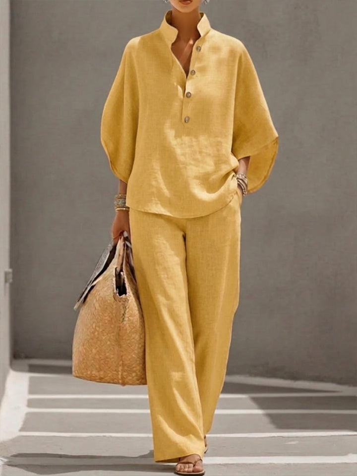 Lorena | Cotton Linen Set with Batwing Sleeves and Wide Leg Trousers
